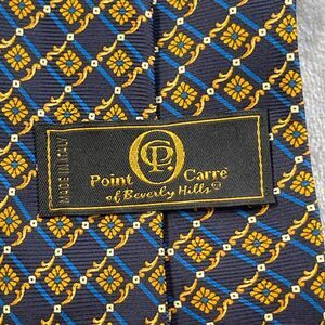 Point Carre of Beverly Hills Neck Tie Navy Blue Gold Floral Filigree Silk Italy